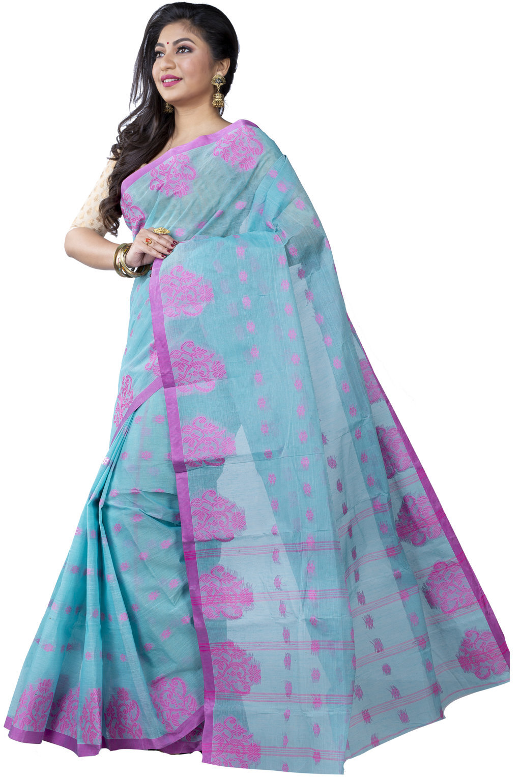 Cyan Pure Cotton Botgach Tant Saree (536)